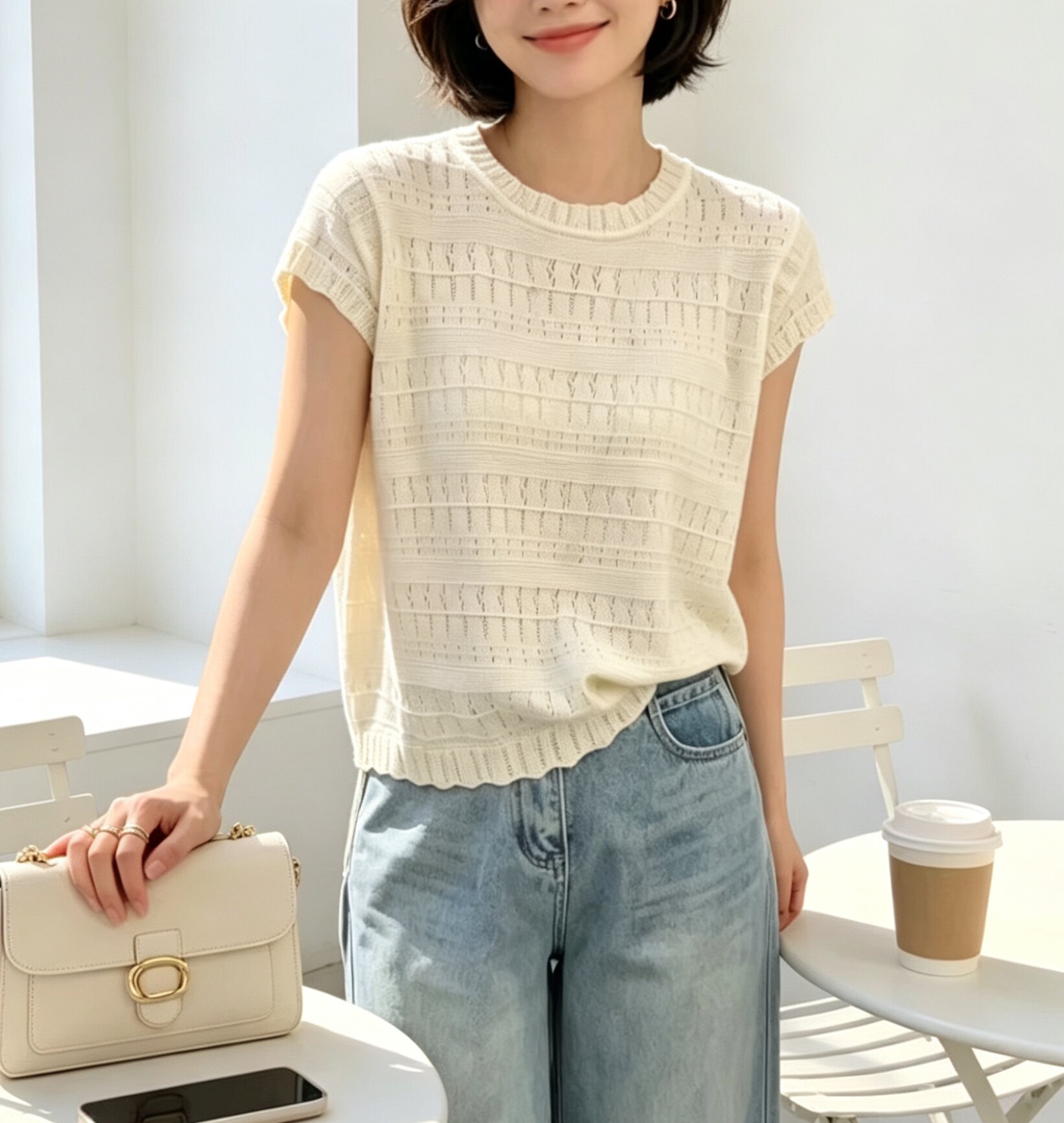 圣仕莲8635 减龄显瘦圆领镂空针织衫女莱赛尔冰丝小飞袖短袖小衫T