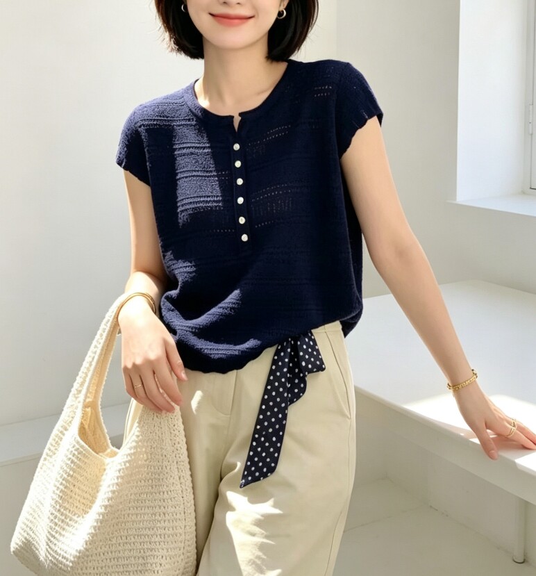 圣仕莲8677 亨利圆领纽扣半开襟镂空短袖针织衫女莱赛尔上衣T恤衫