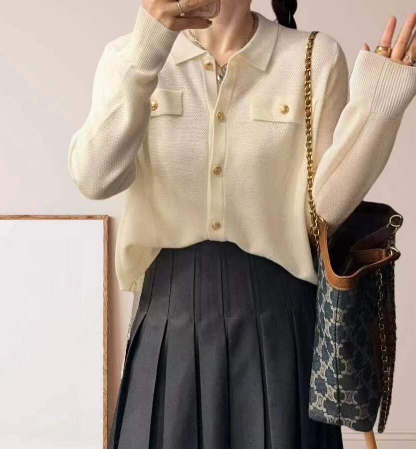 圣仕莲8452 显瘦小香风翻领细羊毛针织衫针织开衫女毛衣上衣外套