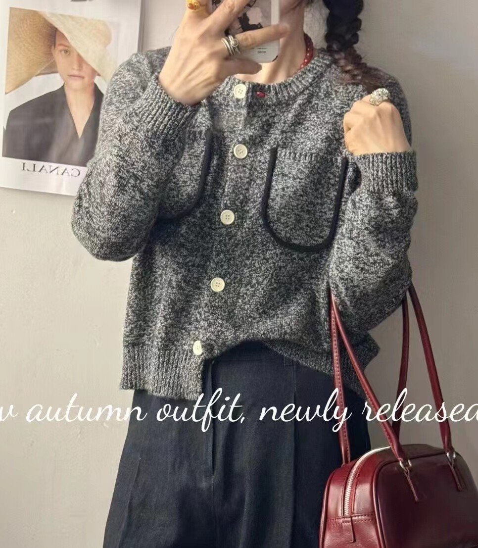 圣仕莲8170 小香风杂色花纱羊毛针织开衫外套双口袋短款显瘦上衣