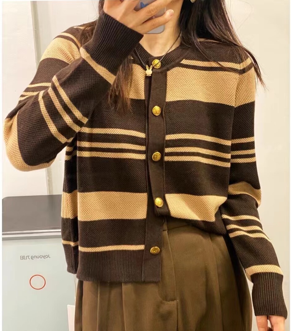 圣仕莲5851 复古圆领宽松条纹针织衫女羊毛开衫长袖毛衣外套上衣