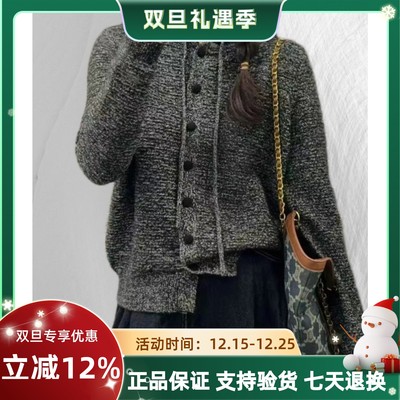 圣仕莲8477 显瘦连帽花钱针织开衫女布包扣灰色毛衣上衣外搭外套