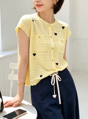 圣仕莲8661 显瘦圆领爱心刺绣针织衫女莱赛尔冰丝短袖上衣T恤衫