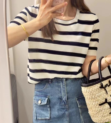 圣仕莲8038 巨显瘦天丝棉低方领短袖条纹针织衫女减龄冰丝上衣T恤