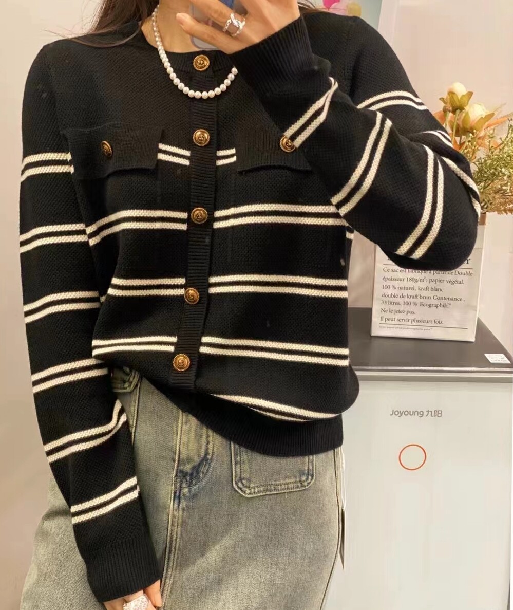 圣仕莲5866 显瘦小香风羊毛衫条纹针织衫女宽松圆领上衣套头毛衣T