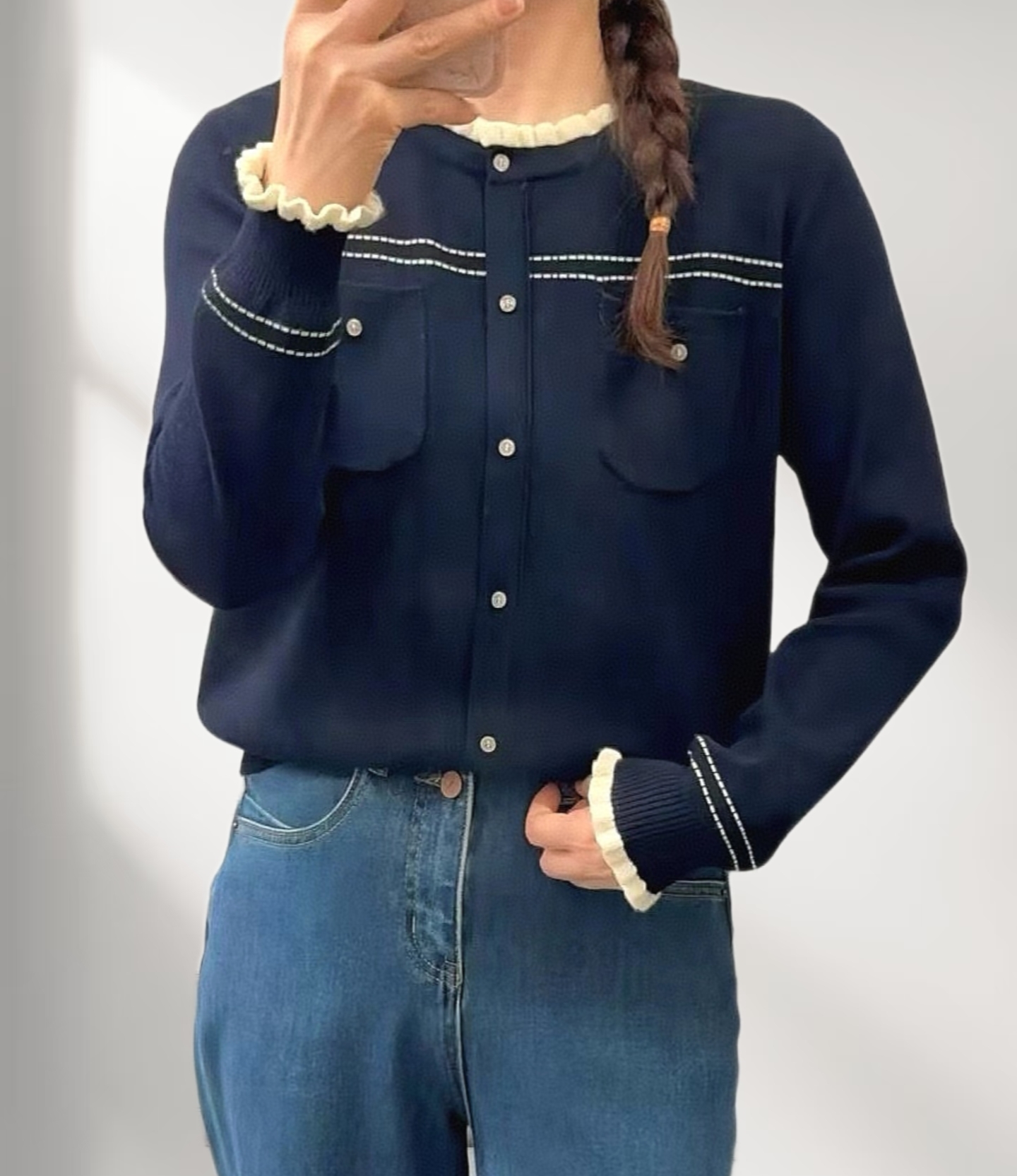 圣仕莲8506 小香风木耳花边领针织衫女莱赛尔天丝毛衣打底衫上衣