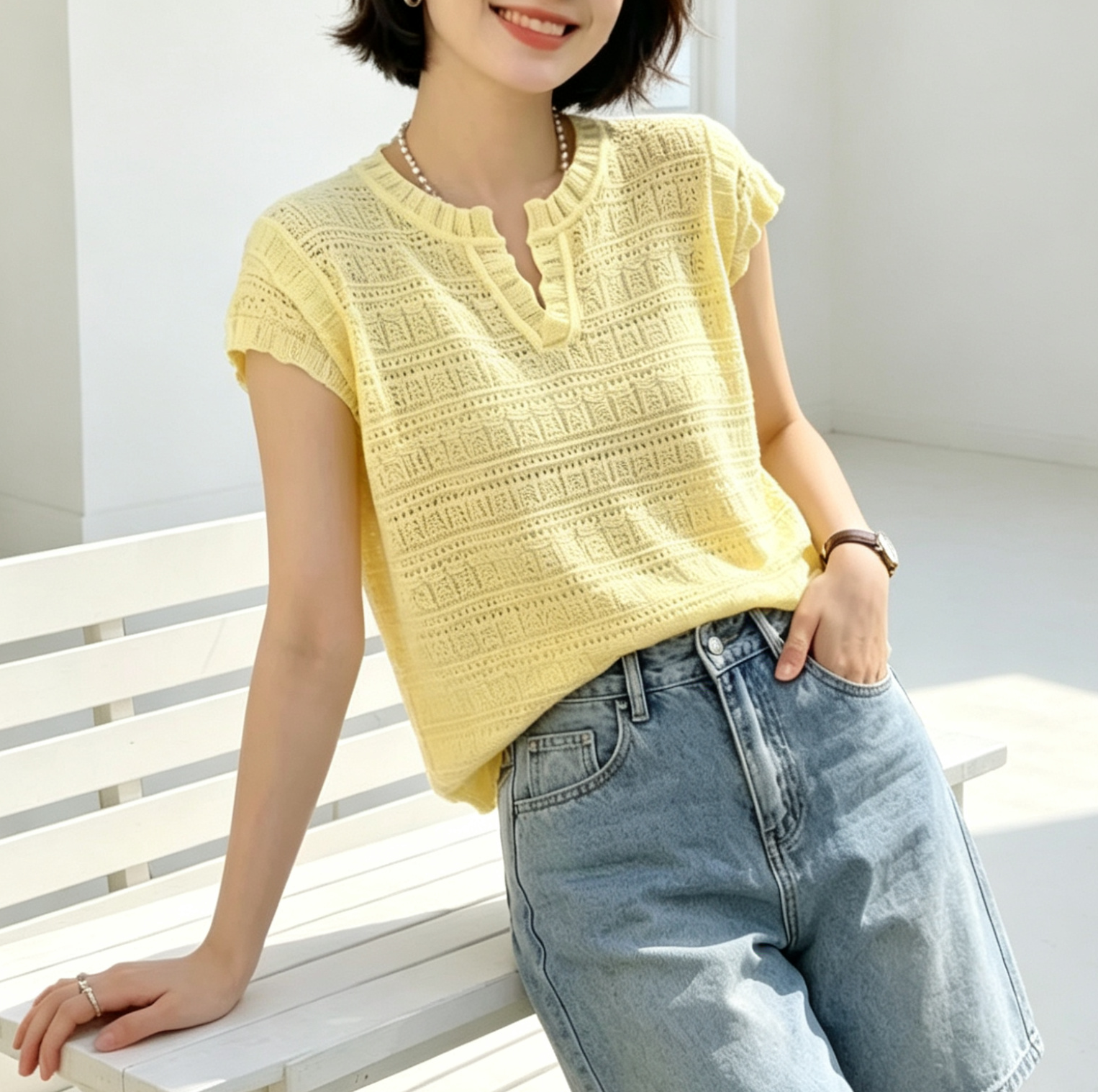 圣仕莲8651 显瘦圆领镂空针织衫女莱赛尔冰丝小飞袖短袖上衣T恤衫