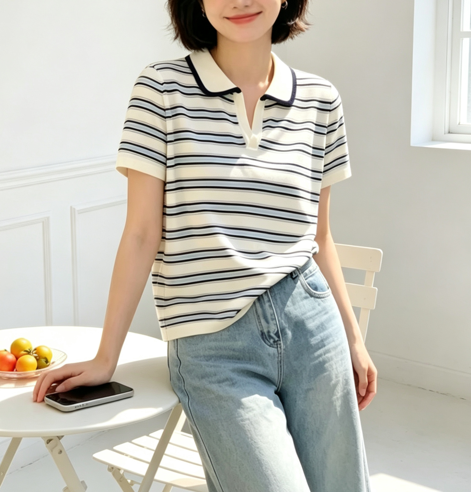 圣仕莲8686 显瘦polo翻领条纹针织衫女莱赛尔冰丝棉短袖上衣T恤衫