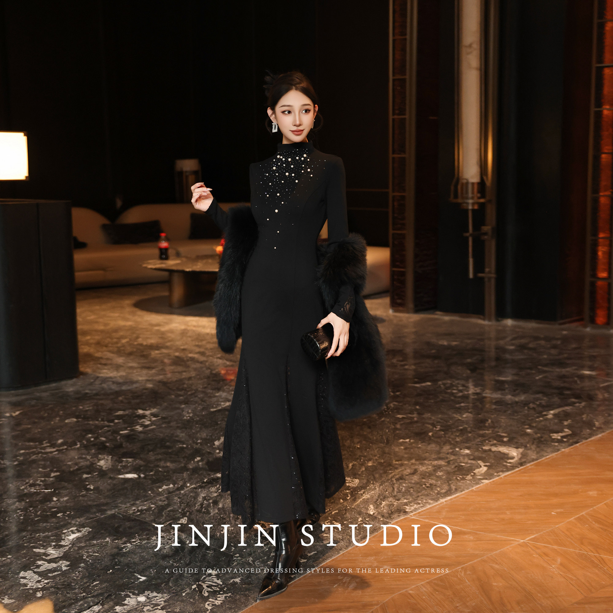 显瘦修身拼接针织长袖收腰连衣裙