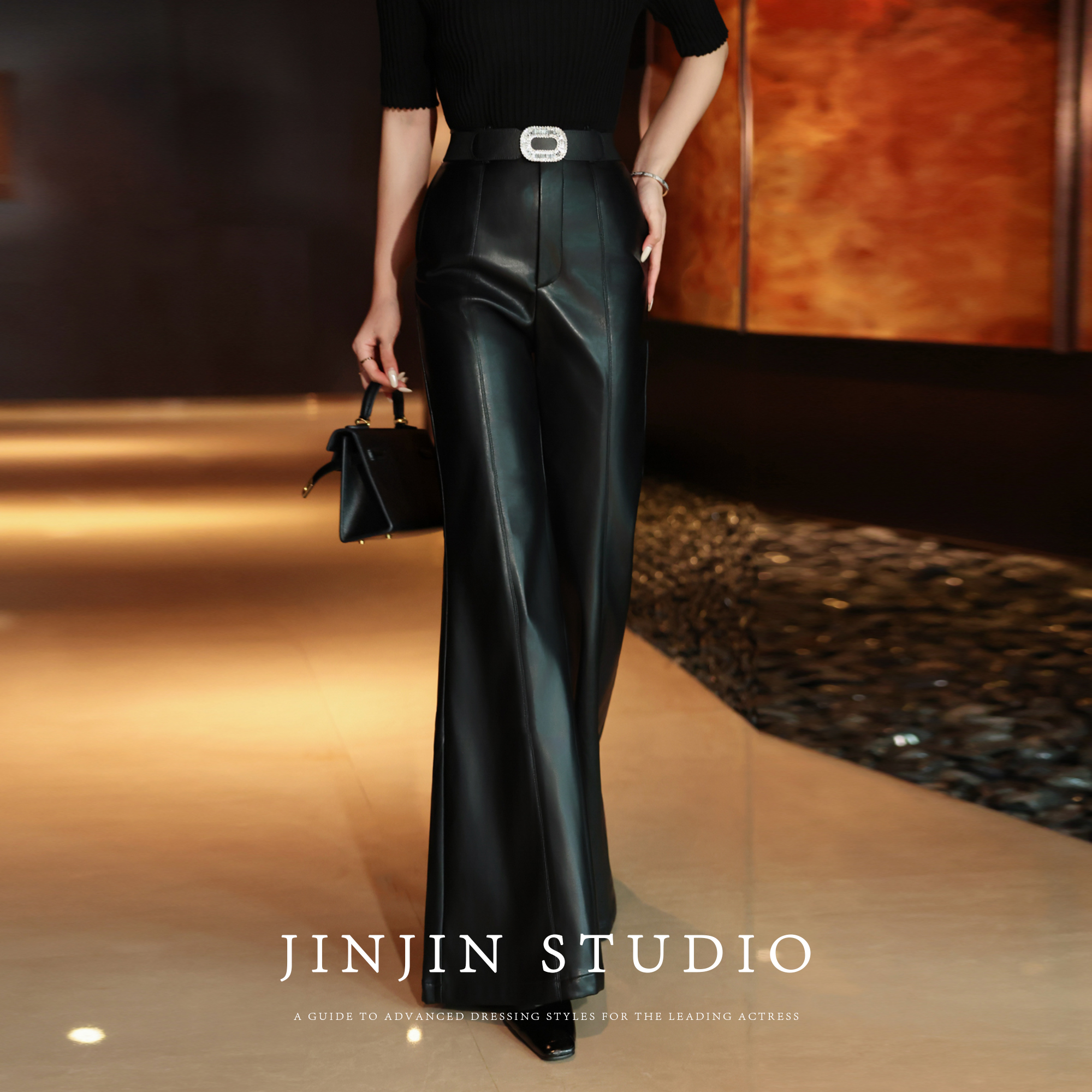 时髦显腿长皮裤高腰休闲裤子