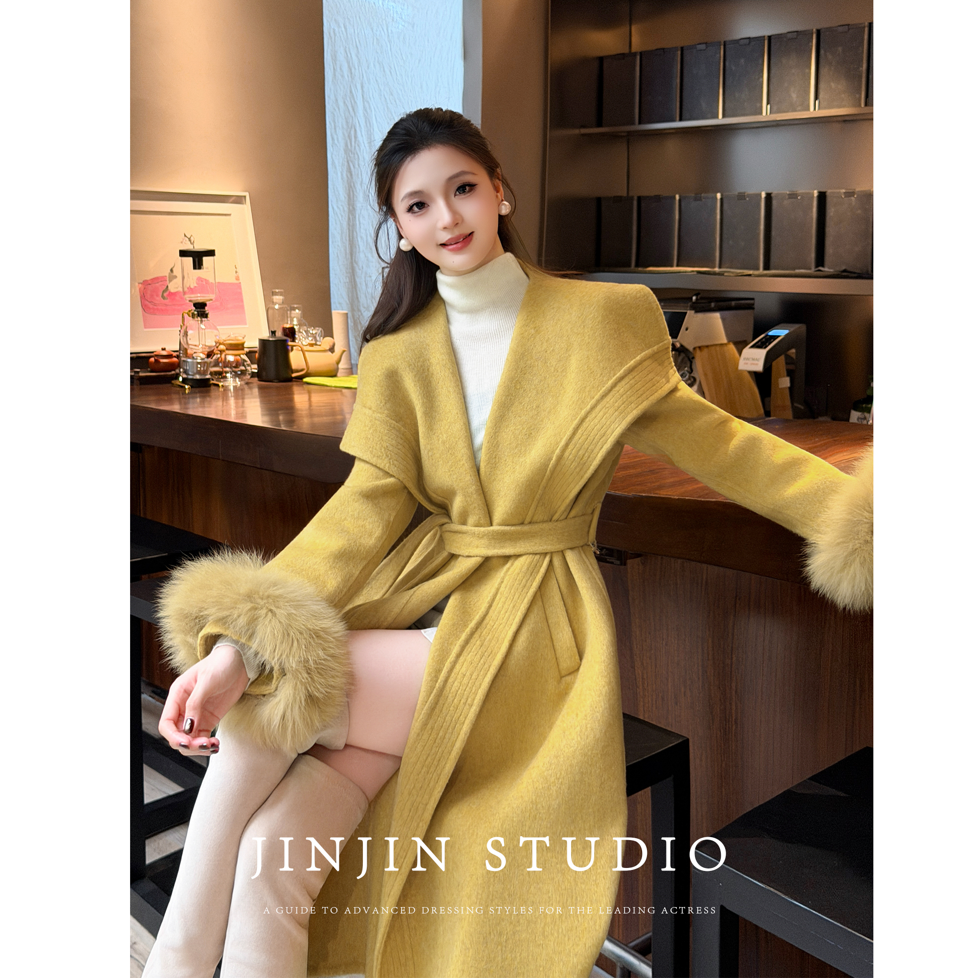 休闲时尚百搭系带羊毛大衣外套