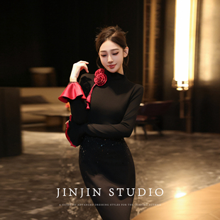 MD进进原创【向美生花】2025秋冬立体花朵修身内搭半高领打底衫