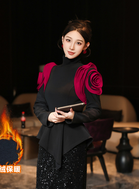 MD进进原创【玫瑰之镜】2025冬季显瘦加棉保暖时尚立体花肩袖上衣