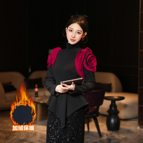 显瘦时尚设计师立体花肩袖上衣