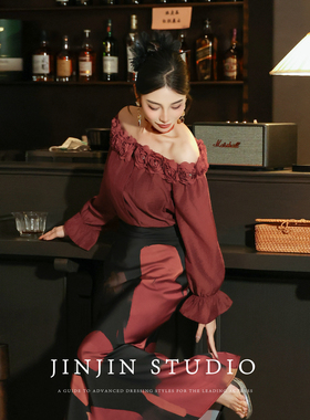 MD进进原创夏季红色花朵一字肩法式名媛风百搭减龄设计感衬衫上衣