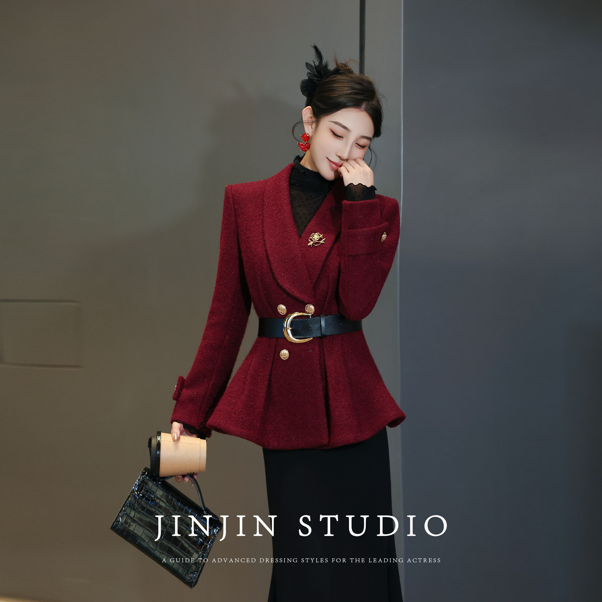 轻奢设计感重工加厚收腰毛呢外套