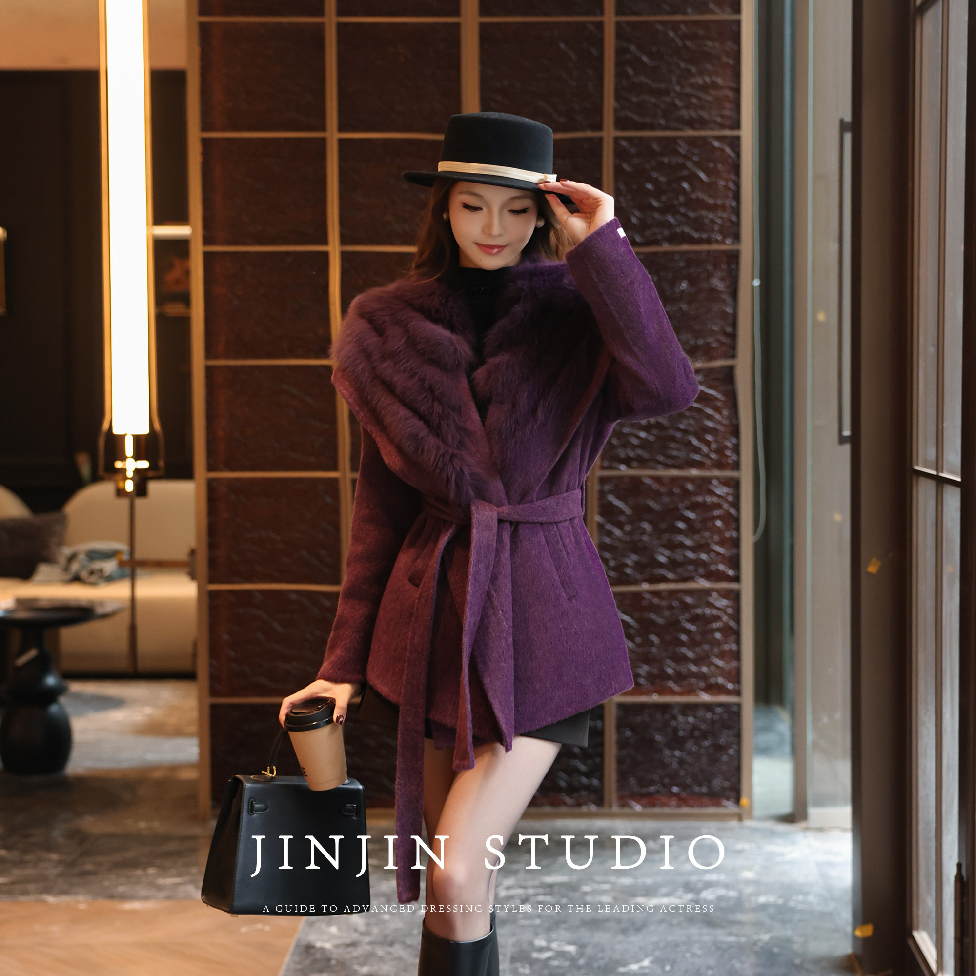 翻领狐狸毛时尚系带羊毛大衣外套