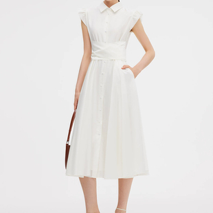 【明星同款】初遇女装定制2026新款无袖衬衫领收腰莱赛尔连衣裙