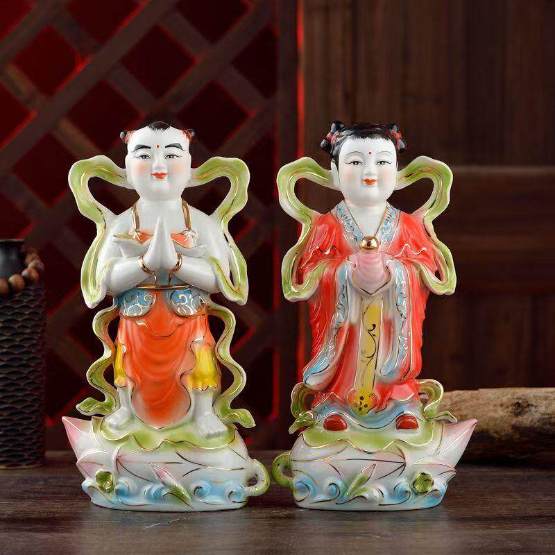陶瓷金童玉女童男童女神像供奉送财观音护法童子善财龙女风水摆件