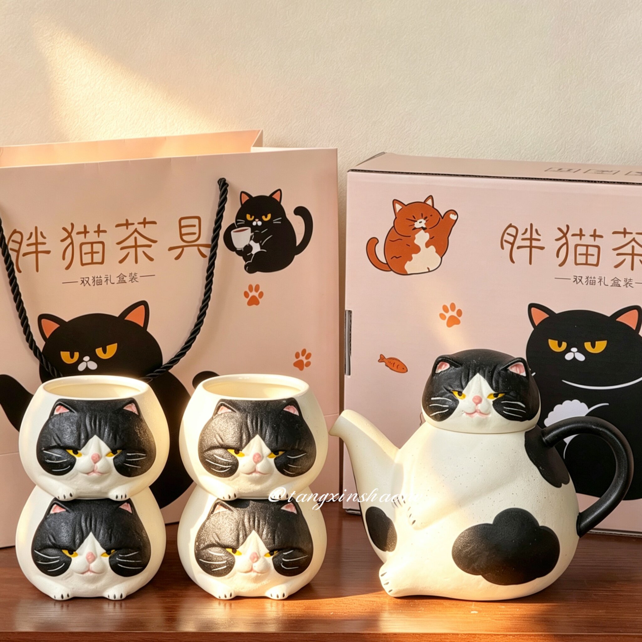 手作风日式呆萌可爱奶牛猫茶壶高颜值冷水壶送朋友生日礼物套装杯