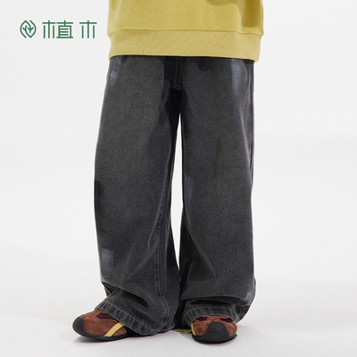 植木童装男童裤子2025秋冬新款中大童涂鸦印花直筒牛仔裤儿童裤子