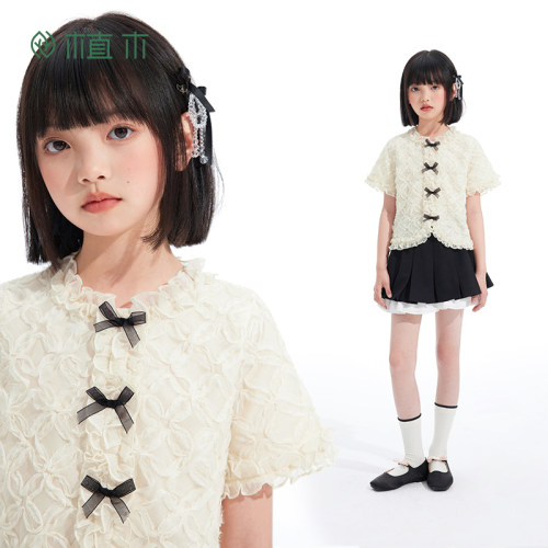 女童法式立体剪花雪纺小衫 蝴蝶结短袖上衣