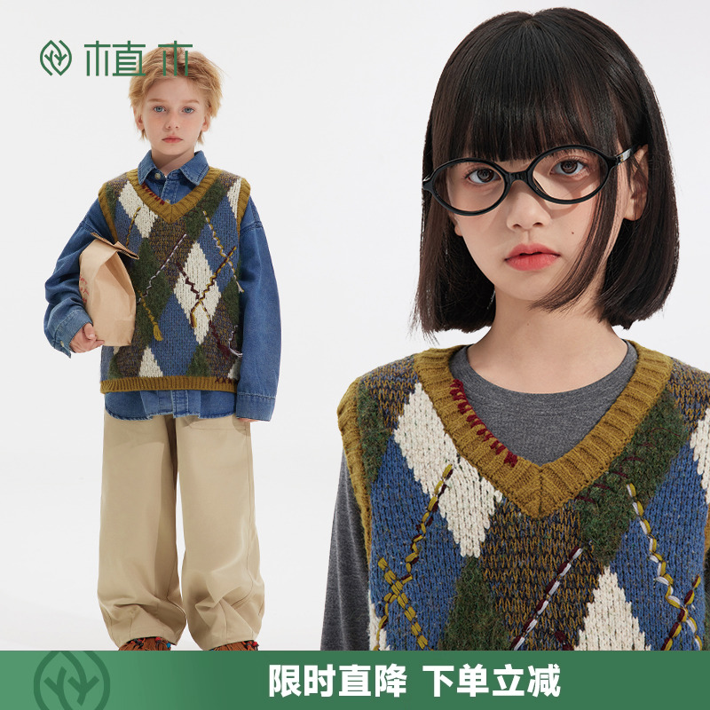 植木童装男童马甲2025秋冬新款中大童羊毛混纺毛衣背心儿童马甲