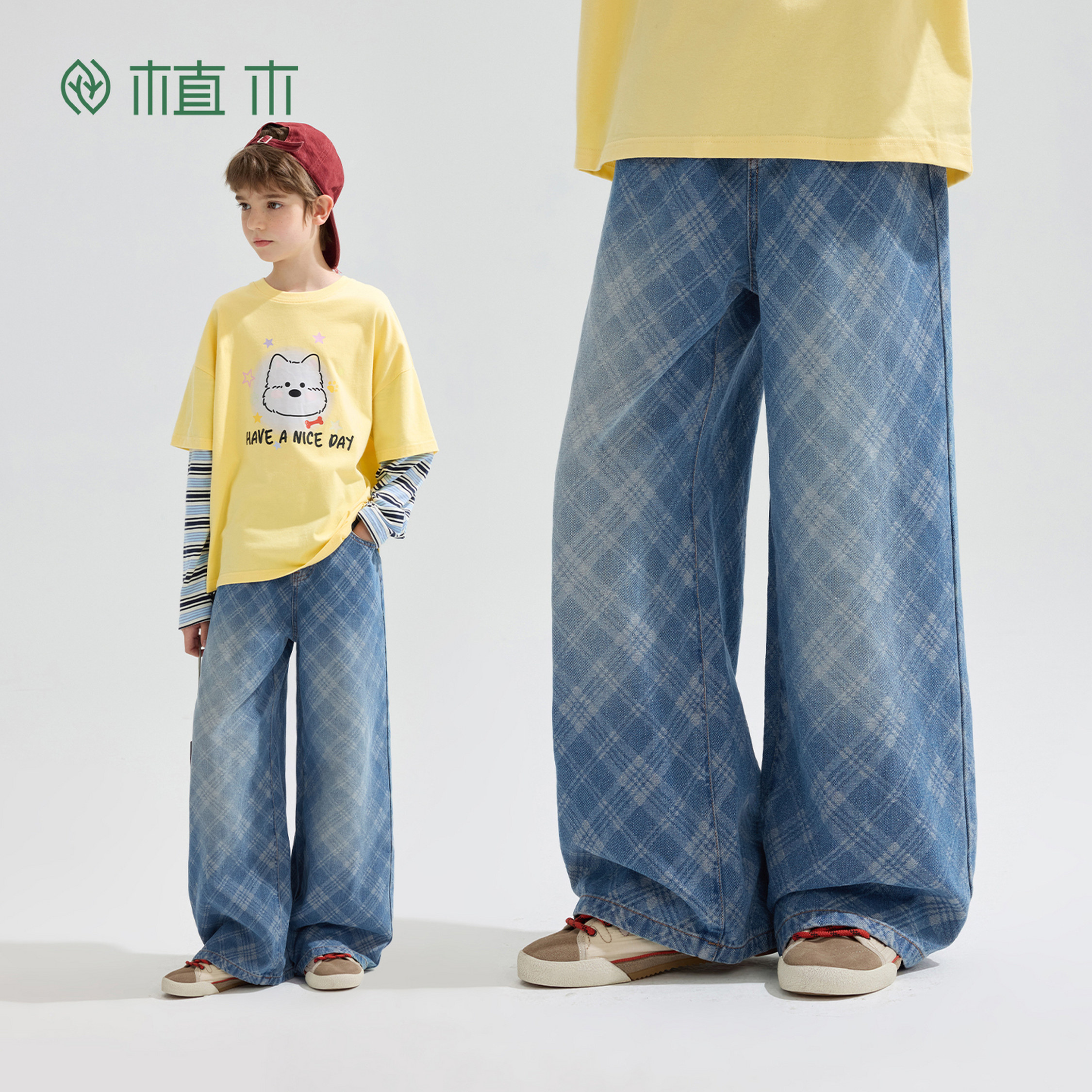 植木 男童牛仔裤儿童格子条纹裤子童装直筒裤秋季新款青少年长裤