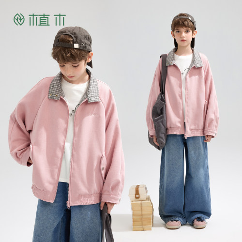 植木 男童外套复古仿麂皮POLO领儿童宽松外套秋季新款青少年上衣