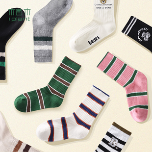 植木字母条纹男童女童中大童中筒袜2025新款 春冬儿童袜子童装