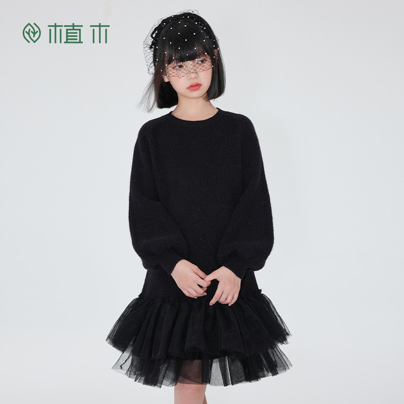 女童 灯笼袖毛衣裙 人鱼公主拼纱连衣裙