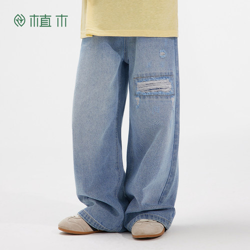 男童 做旧破洞直筒牛仔裤 松紧腰休闲长裤
