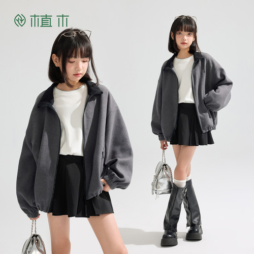 植木 女童外套儿童户外外套童装翻领纯色外套秋季新款青少年上衣