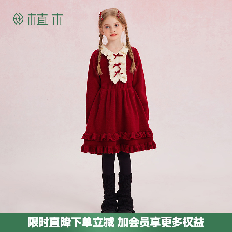 植木童装 儿童连衣裙2025秋冬新款中大童蝴蝶结连衣裙女童裙子
