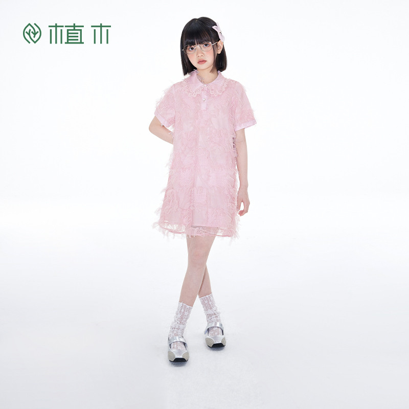 植木童装女童裙子2025夏季新款中大童设计感短袖连衣裙儿童裙子