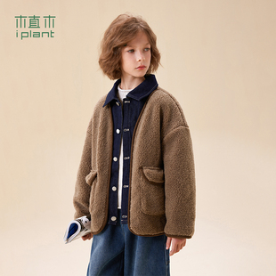 植木加厚牛仔拼接仿羊羔绒男童棉服中大童2025冬新款 儿童外套童装