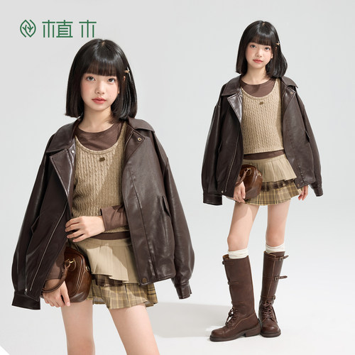 植木 女童外套翻领儿童皮衣外套童装pu外套26秋季新款青少年上衣