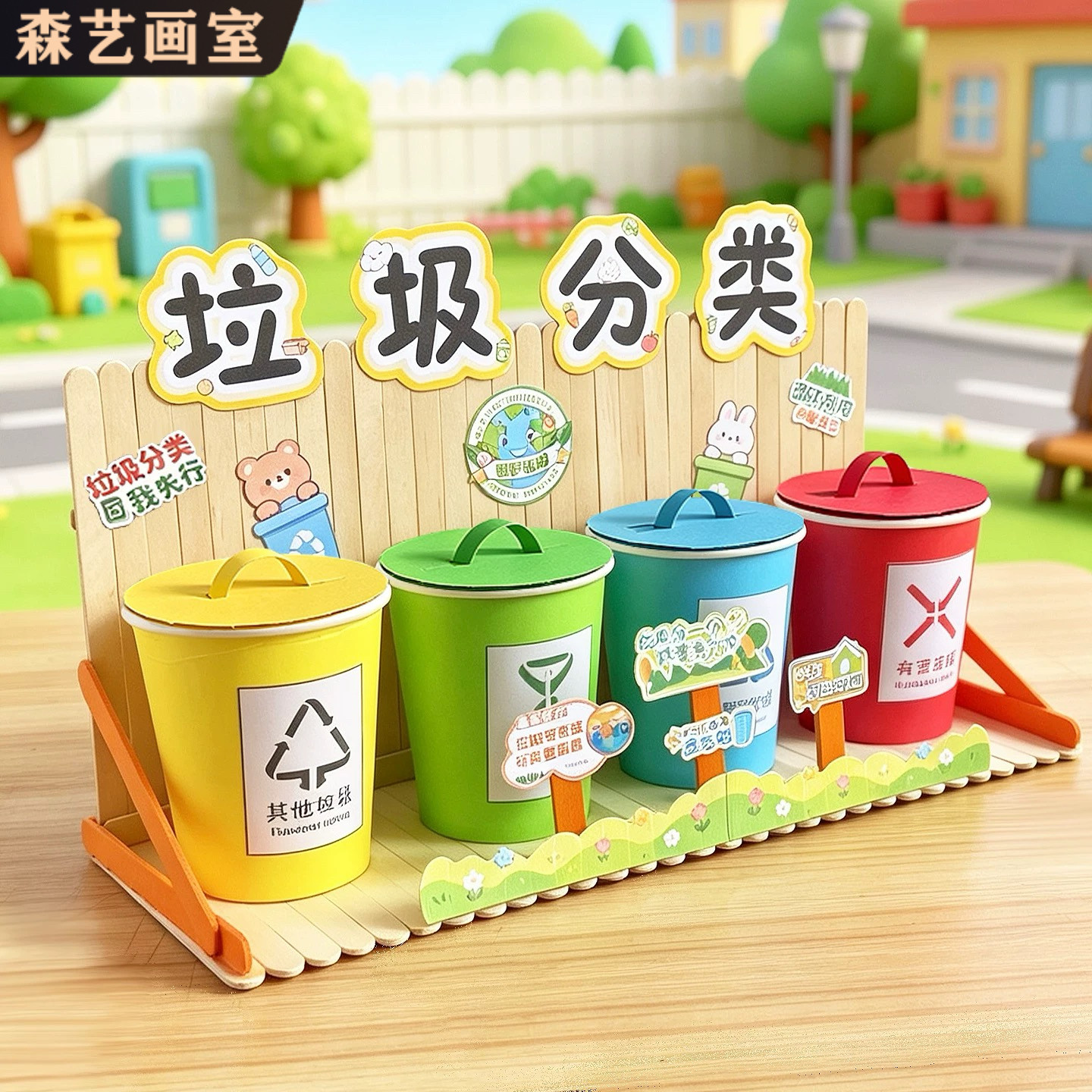 儿童垃圾分类站手工DIY材料包 小学幼儿园雪糕棒废物利用环保作品