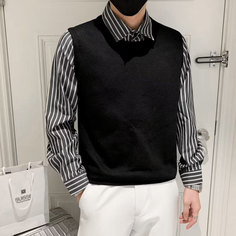 假两件毛衣男衬衫领秋季新款条纹针织衫韩版修身商务上衣外套男潮
