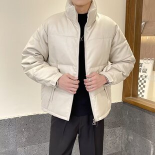 冬季棉衣男士外套轻熟风韩版潮男修身纯色立领PU皮面包服加厚棉服