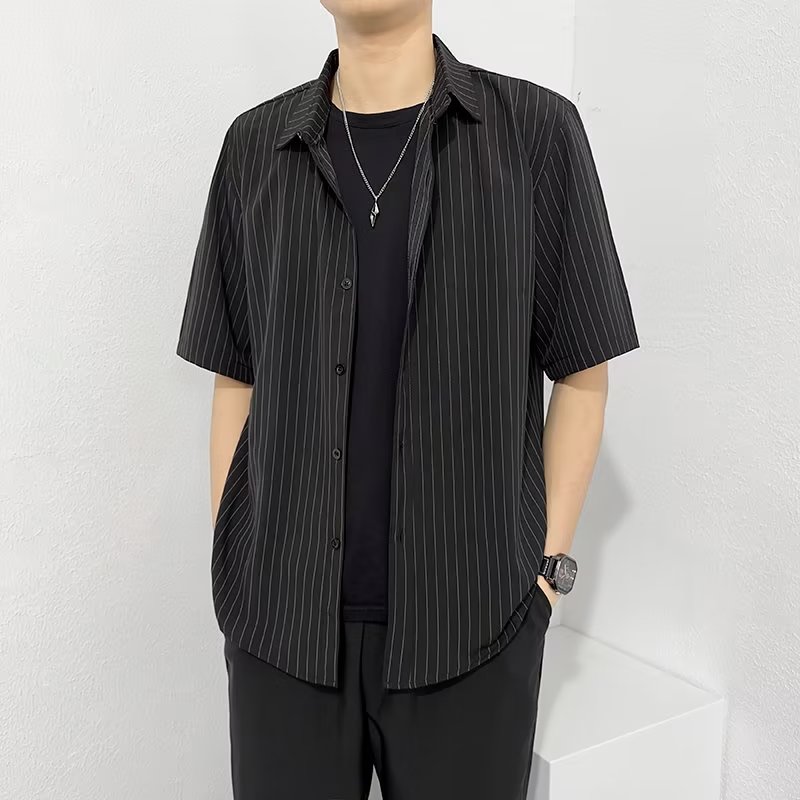条纹短袖衬衫男春秋季痞帅ins潮
