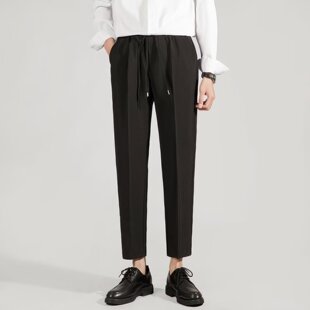 韩版系绳小西裤男士修身直筒裤垂感春秋款休闲裤九分西装裤子男生