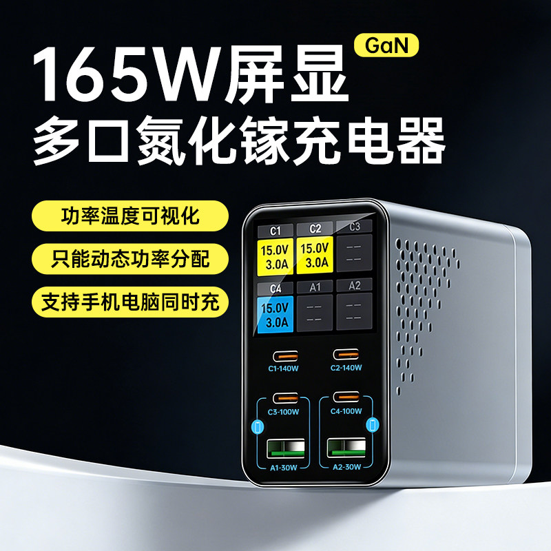 氮化镓大功率数显桌面充电站多口usb充电器TypeC插座多孔插头PD165W闪充手机超级快充笔记本电脑通用多功能