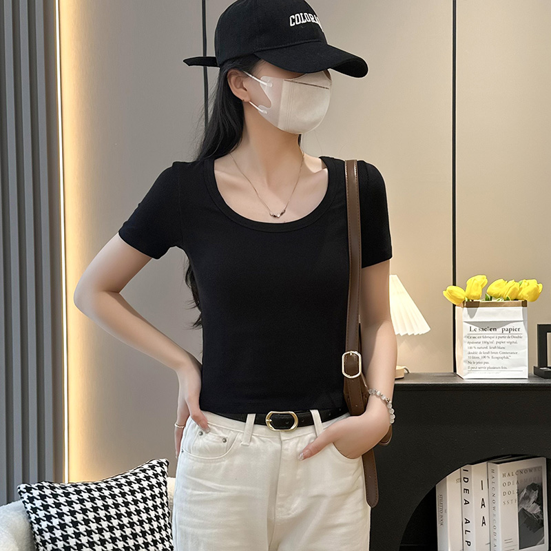 黑色圆领短袖t恤女夏2025新款修身半袖体恤螺纹冰丝薄款正肩上衣