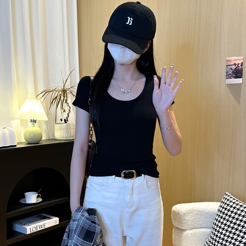 韩系黑色正肩短袖t恤女2025新款夏季圆领修身显瘦百搭纯色上衣