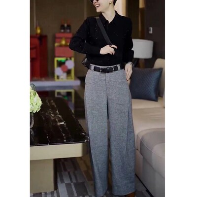 日本gentle motto早春新款时尚黑色长袖上衣高腰阔腿长裤时髦女