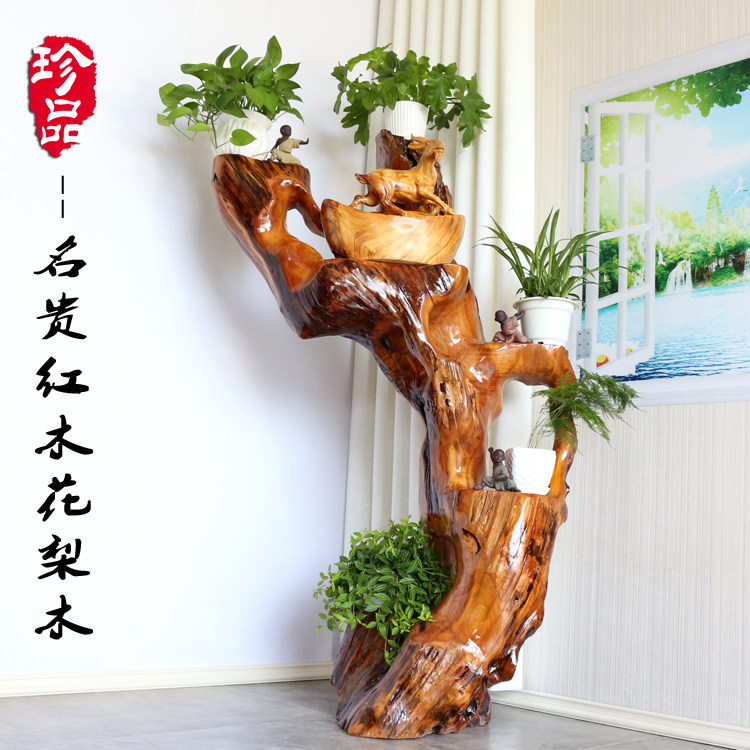 名贵红木全实木根雕花架天然一体根雕花架