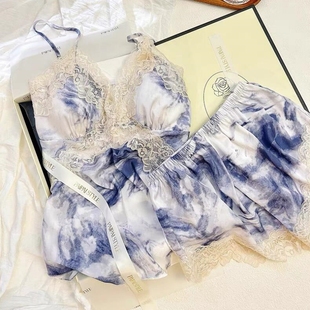 套装 奢华睡衣女款 薄款 冰丝吊带蕾丝花边小众宫廷风纯欲风短裤 夏季