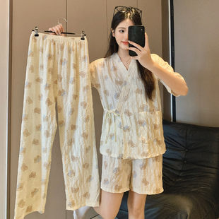 日系V领薄款可爱卡通和服短袖睡衣女夏季天甜美小熊云朵棉三件套