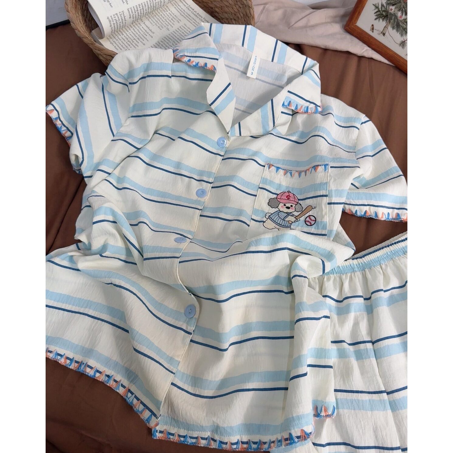 新款条纹睡衣女卡通棒球小狗夏季短袖ins韩版学生云朵棉两件套装